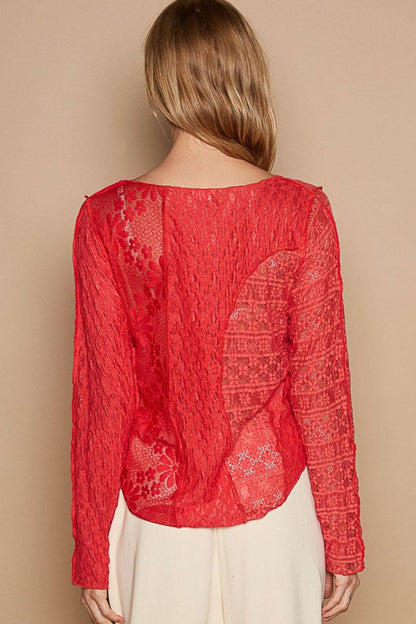 POL Exposed Seam Long Sleeve Lace Knit Top.