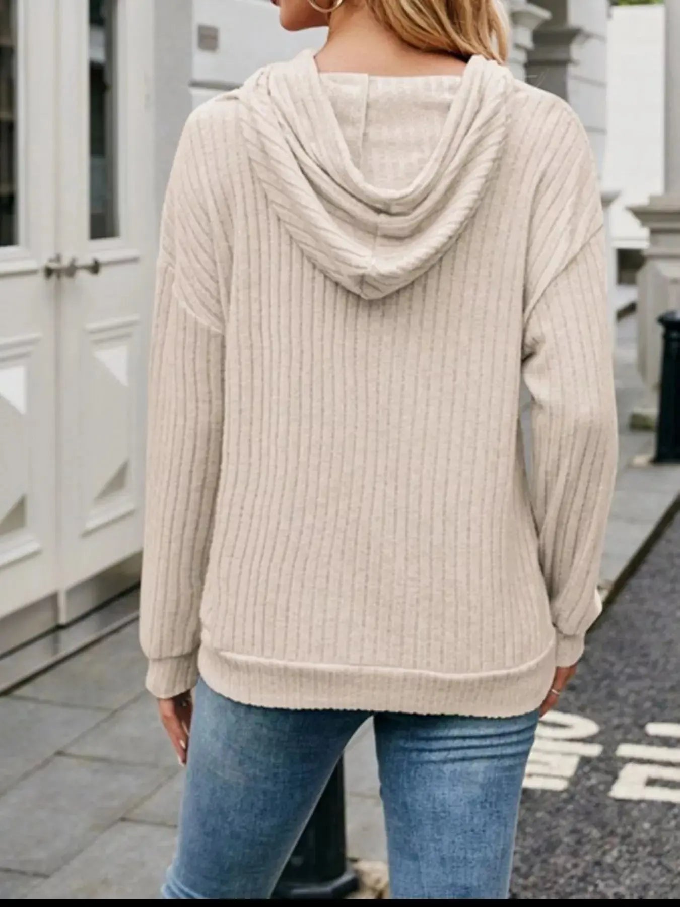 Casual Drawstring Ribbed Knit Hoodie Simply Love