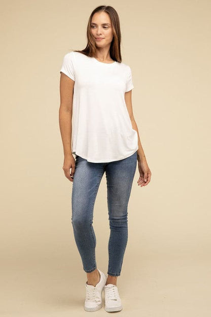 Flowy Round Hem Rayon Short Sleeve Top.