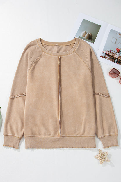 Chic light beige waffle knit raglan sweatshirt with patchwork details