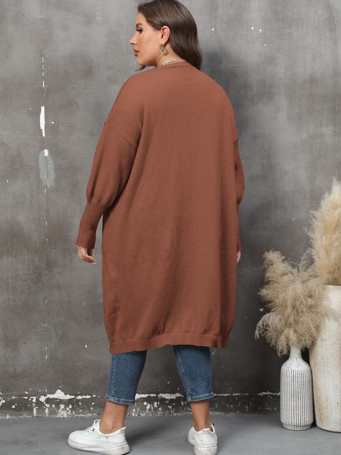 Plus Size Long Sleeve Pocketed Cardigan.