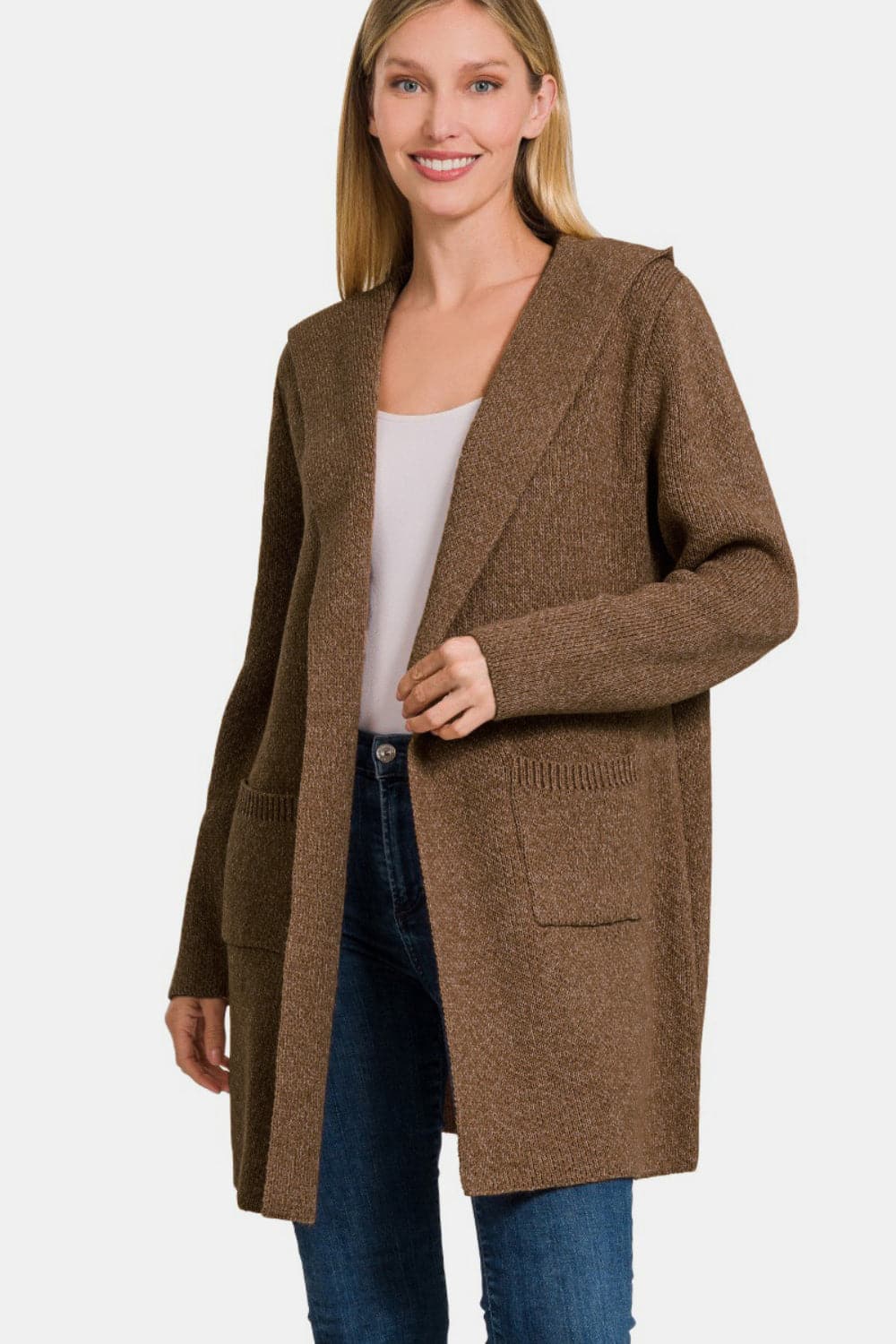 Cozy hooded open front cardigan for effortless style