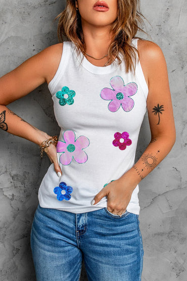 Sequin Flower Round Neck Tank.