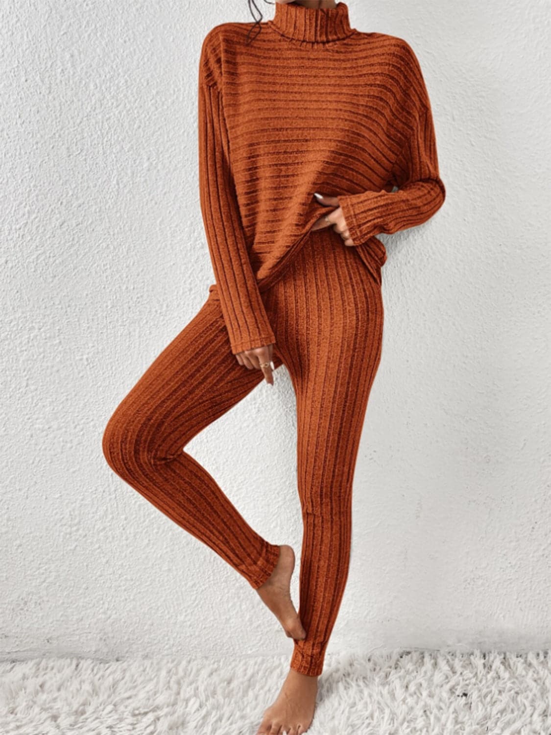 Ribbed Turtleneck Top and Pants Set.