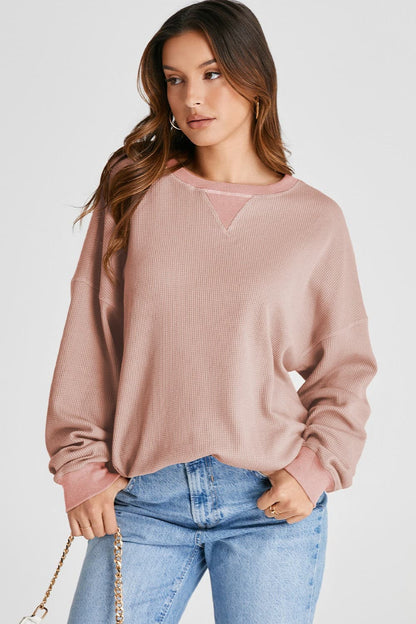 Waffle-Knit Long Sleeve Sweatshirt.