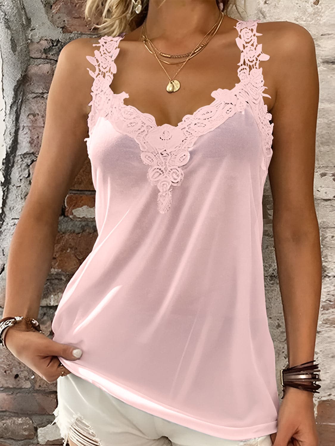 Full Size Lace Detail V-Neck Tank.