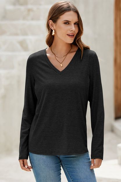 Black Casual Black Solid Color V Neck Long Sleeve Stretchy Top - View 7 by Dear-Lover Dropshipping