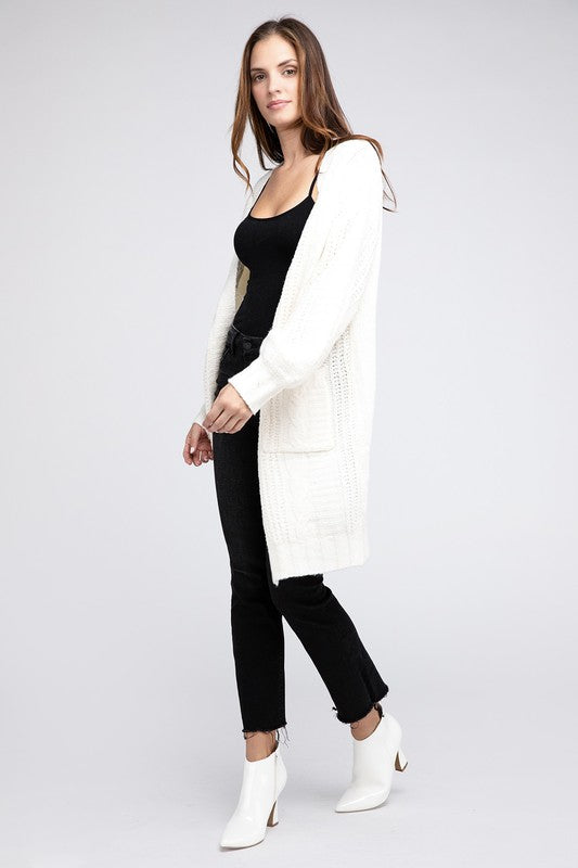 Twisted texture open front cardigan with pockets