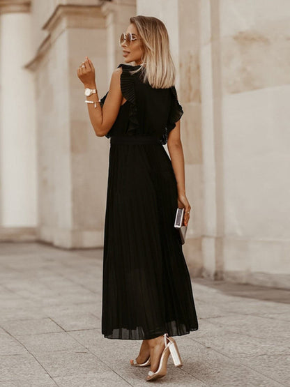 Tied Surplice Cap Sleeve Pleated Dress.