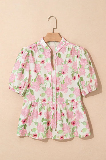 Printed Tie Neck Short Sleeve Blouse