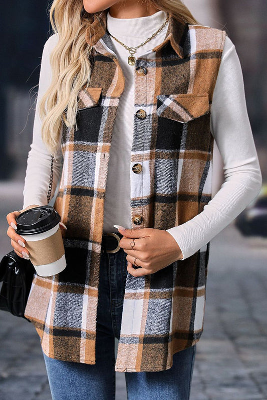 Straw Yellow Retro Plaid Button up Collared Vest Love Salve