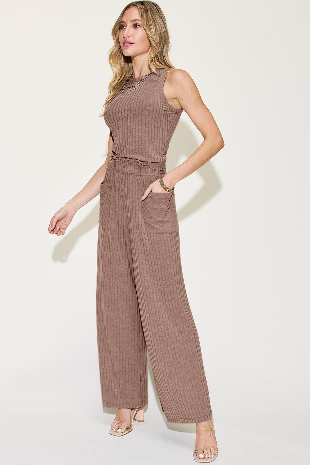 Basic Bae Full Size Ribbed Tank and Wide Leg Pants Set.