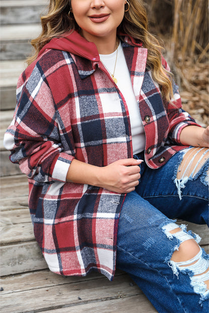 Bold red plaid plus size hooded button-up jacket