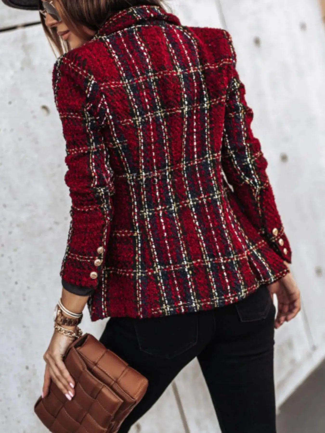 Full Size Plaid Tweed Double-Breasted Blazer Plus Size Simply Love