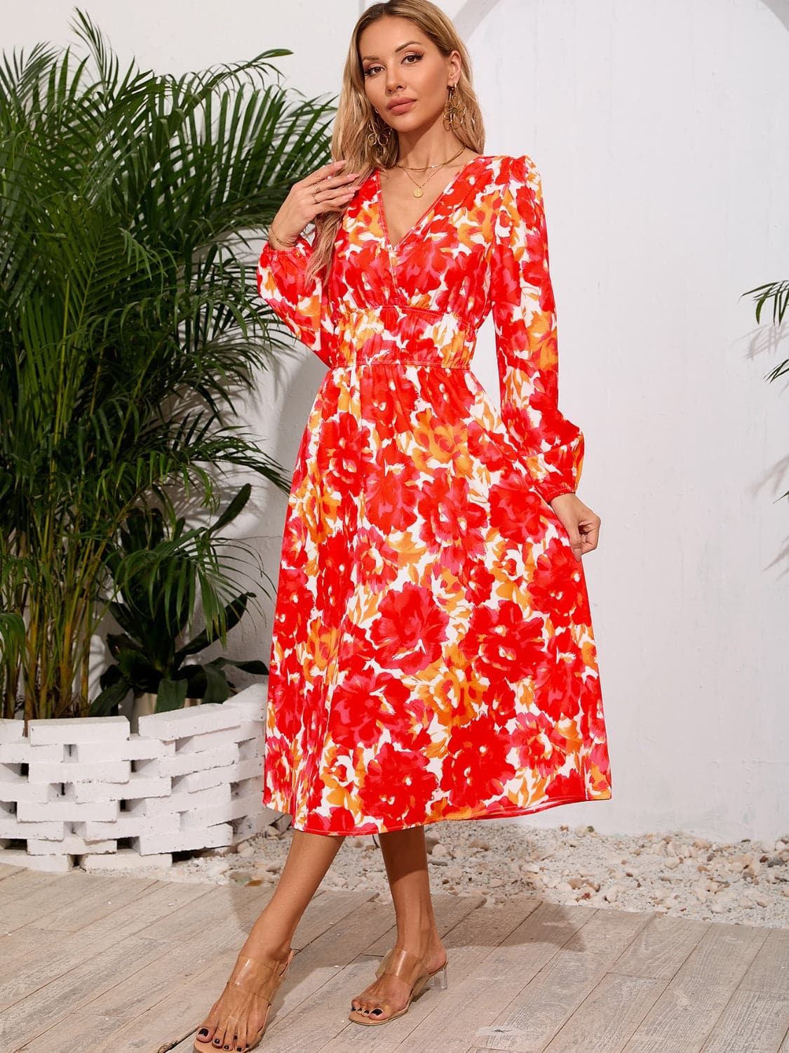 Printed Surplice Long Sleeve Midi Dress.