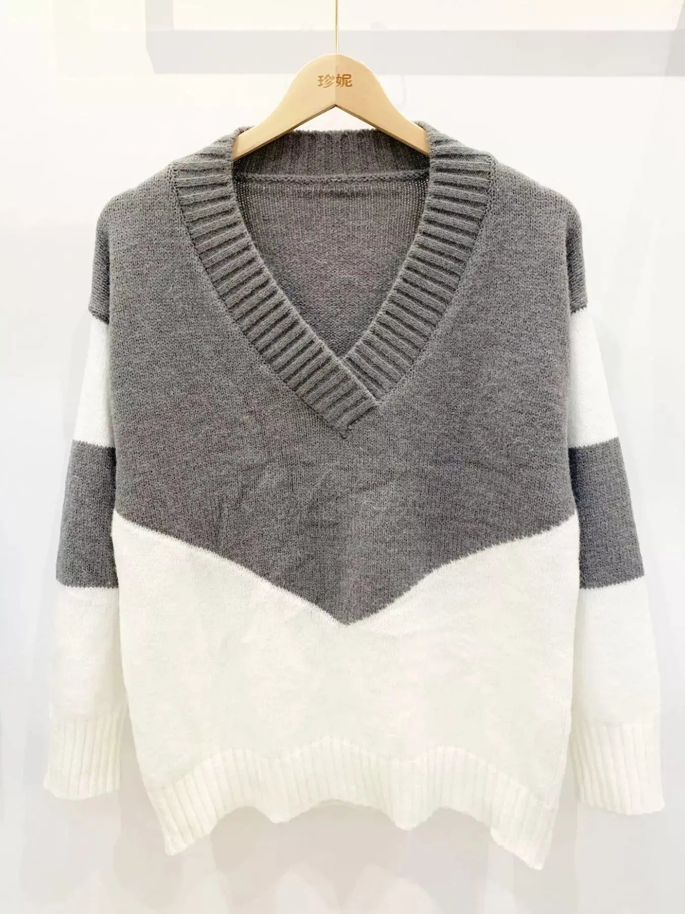 Color Block V-Neck Knit Sweater Simply Love