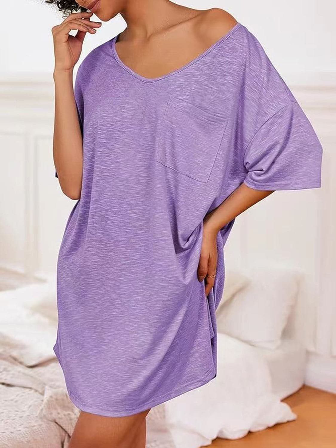 Pocketed V-Neck Short Sleeve Tee Dress.