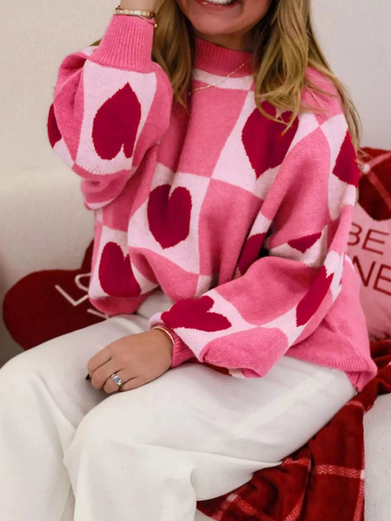 Heart Pattern Checkered Round Neck Sweater Simply Love