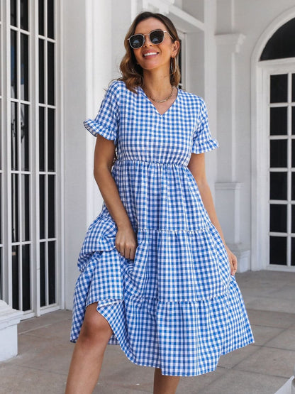 Plaid V-Neck Short Sleeve Midi Dress.