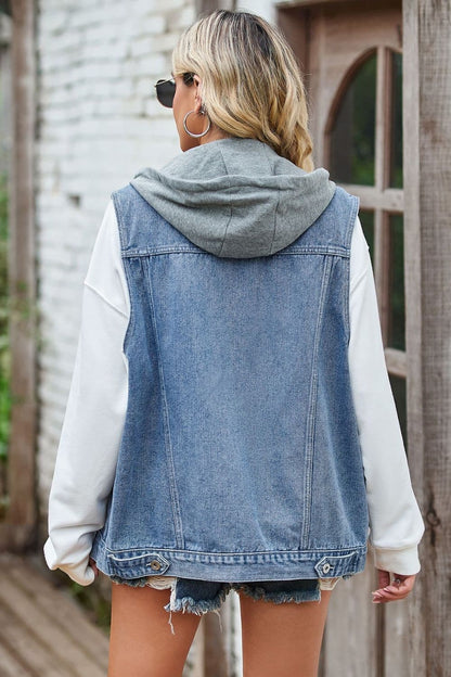 Sleeveless Denim Top with A Detachable Hood.