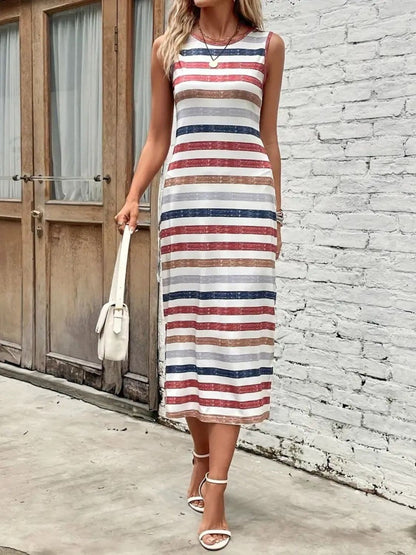 Slit Printed Round Neck Sleeveless Dress.