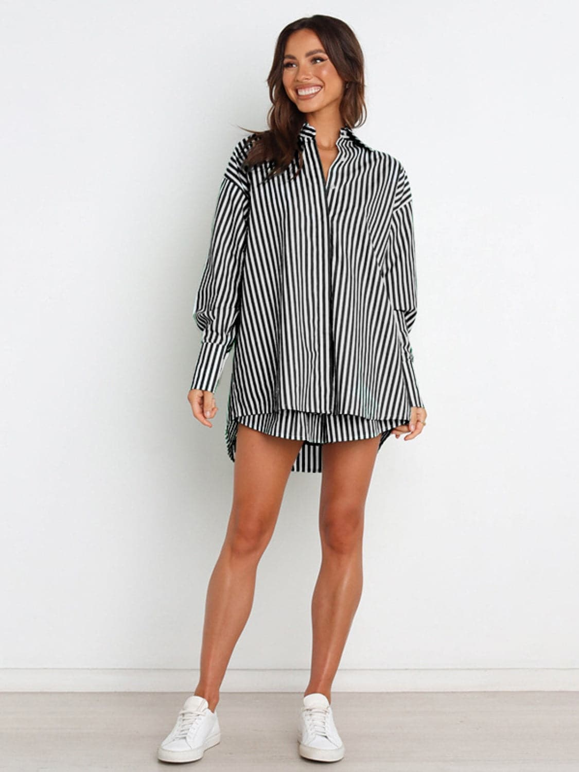 Striped Dropped Shoulder Shirt and Shorts Set.