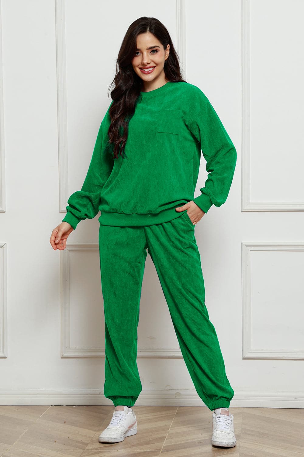 Corduroy Round Neck Sweatshirt and Sweatpants Set.