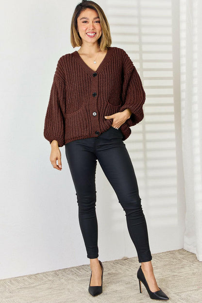 Pocketed Button Up Dropped Shoulder Cardigan.