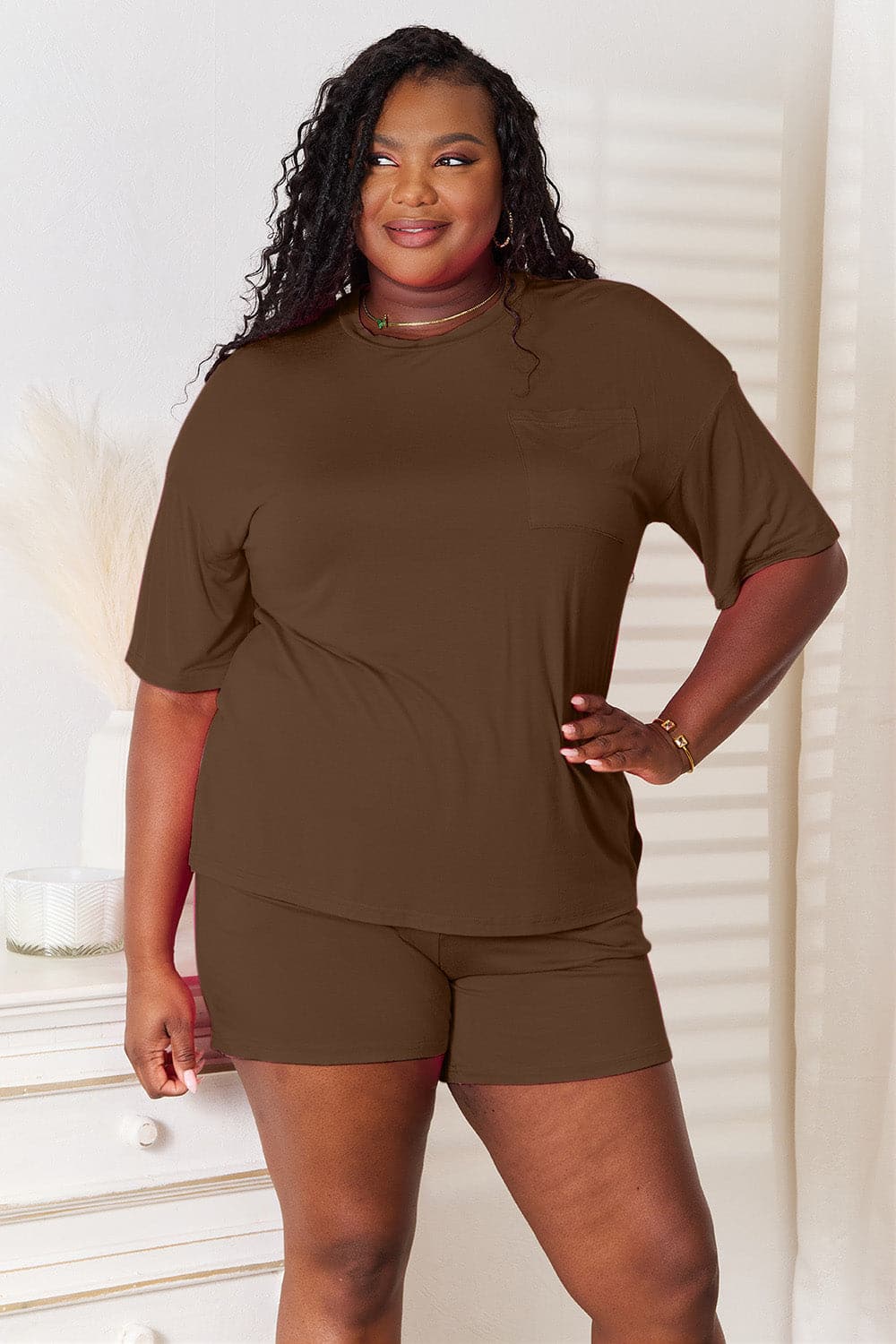 Basic Bae Full Size Soft Rayon Half Sleeve Top and Shorts Set.