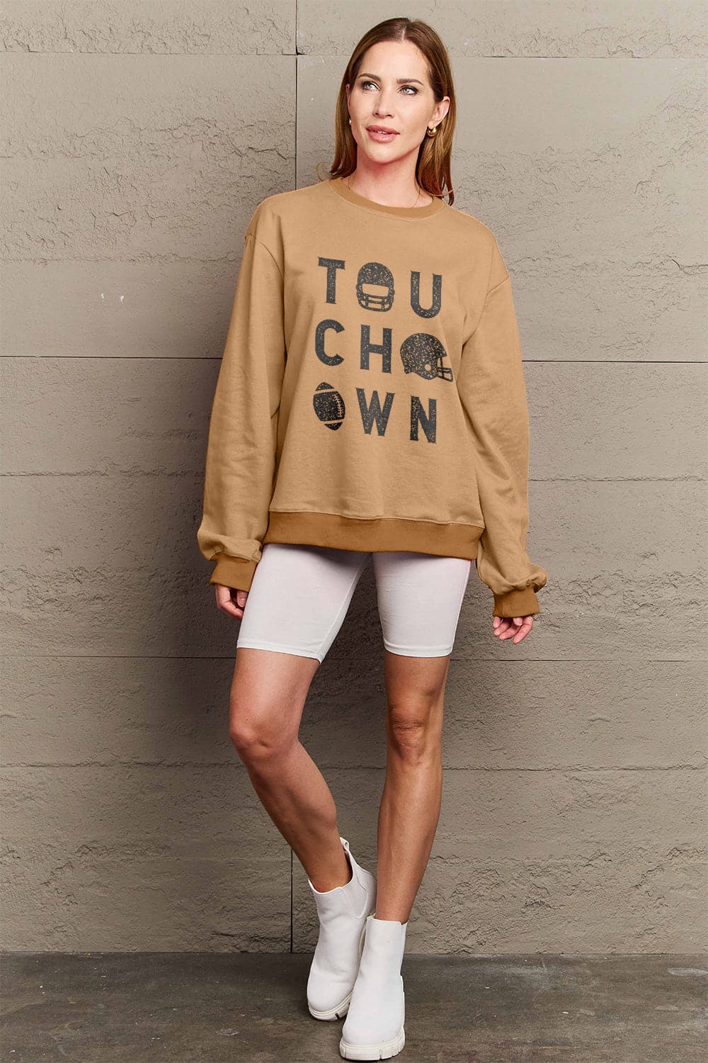 Simply Love Full Size TOUCHDOWN Long Sleeve Sweatshirt.