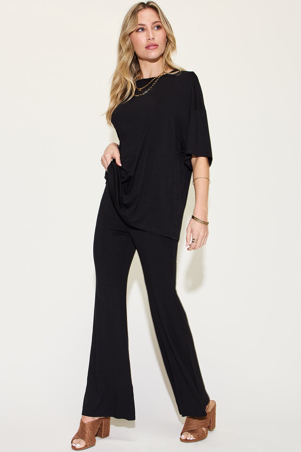 Bamboo bliss: Relaxed drop shoulder tee and flare pants set