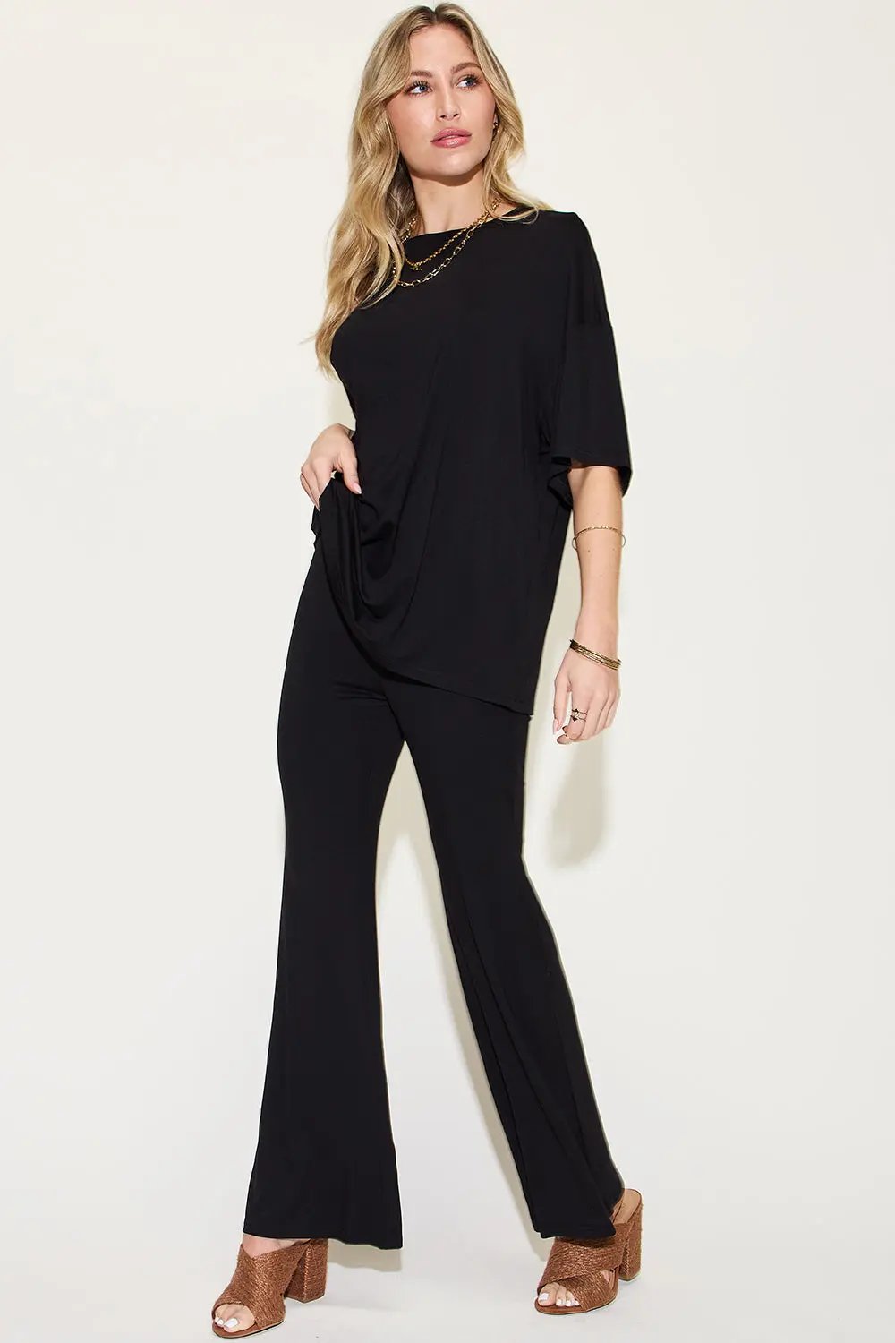Basic Bae Full Size Bamboo Drop Shoulder T-Shirt and Flare Pants Set - Love Salve