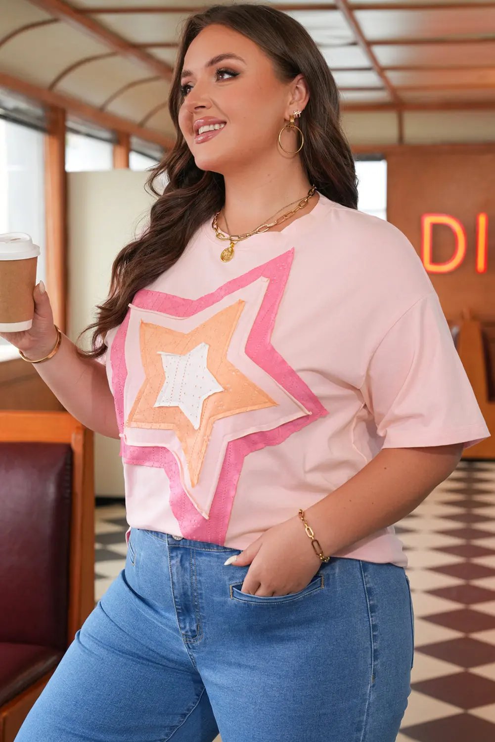 Light Pink Eyelet Lace Star Applique Plus Size T Shirt Dear-Lover Dropshipping