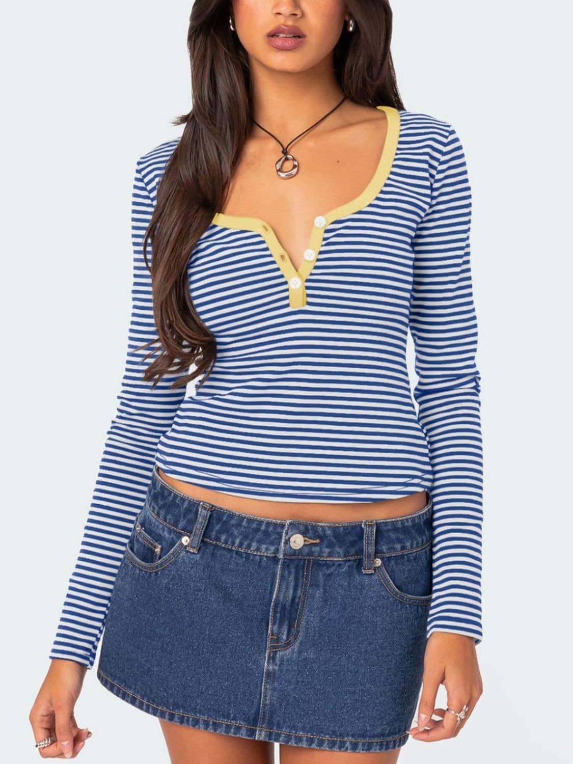 Button-up striped long sleeve tee