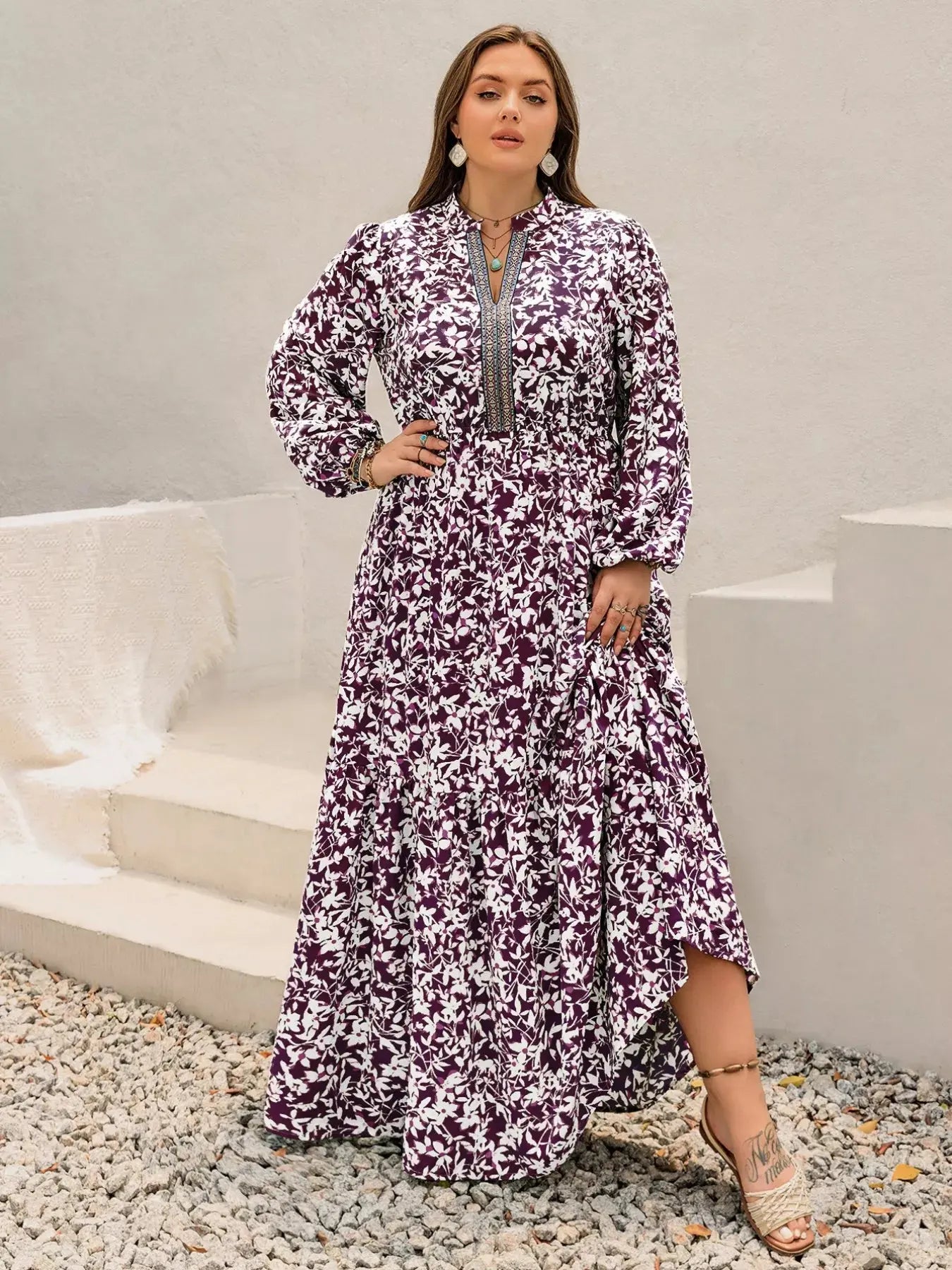 Plus Size Floral Print Maxi Dress with Long Sleeves Simply Love