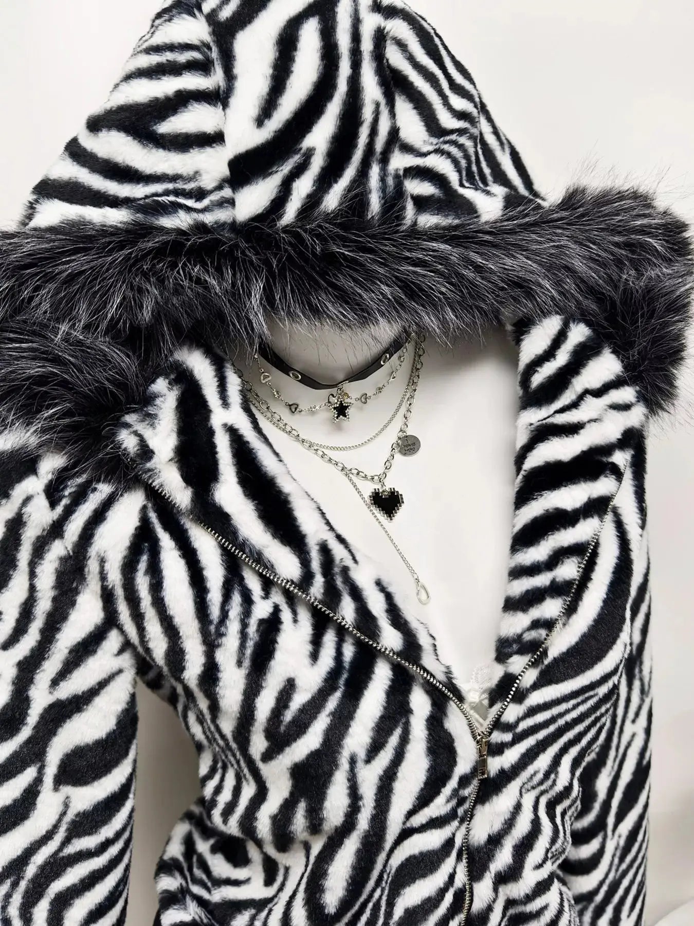 Zebra Faux Fur Hooded Zip-Up Outerwear Simply Love