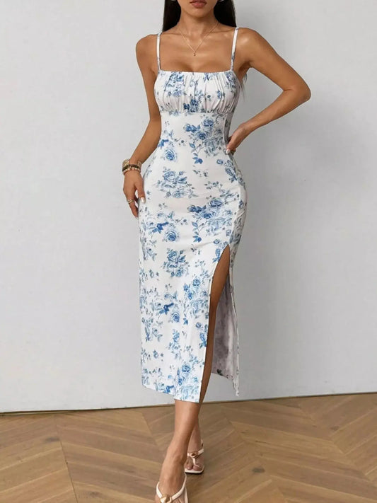 Floral Print Ruched Slit Cami Dress Simply Love