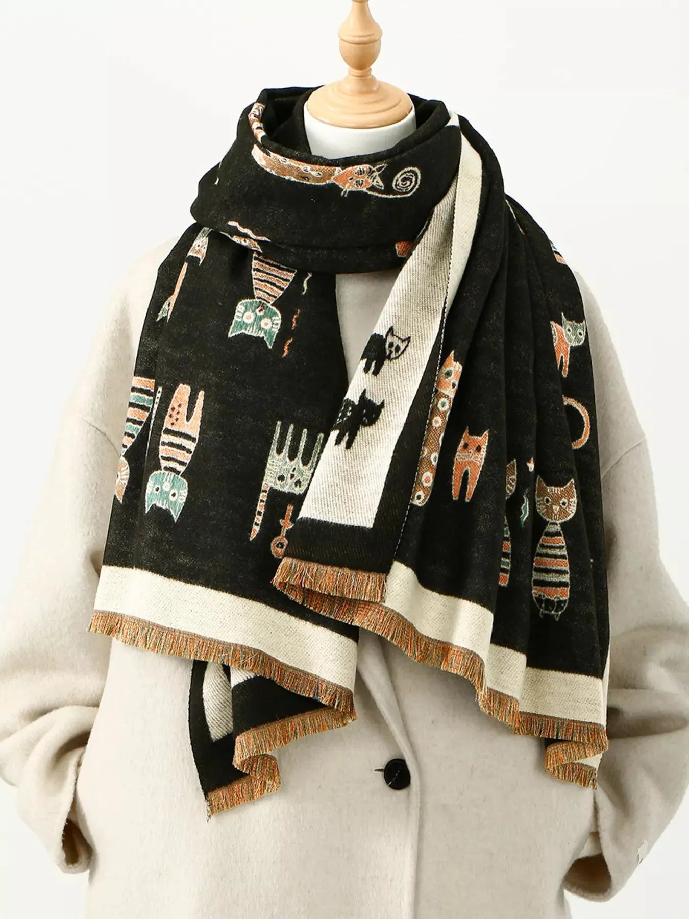 Cute Cat Pattern Raw Hem Scarf Simply Love