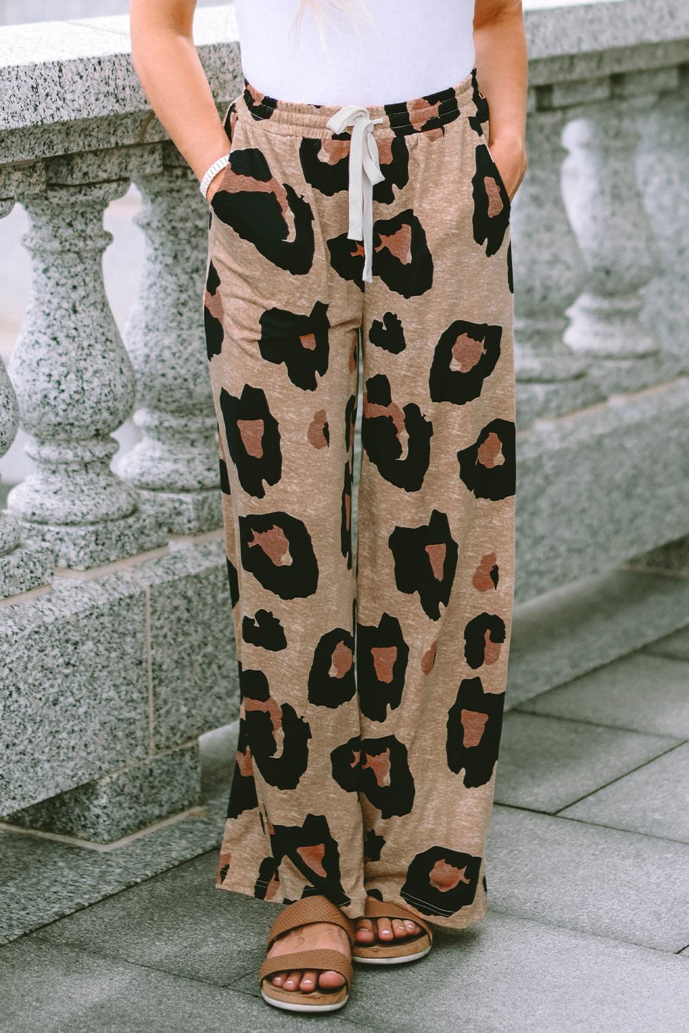 Leopard Drawstring Wide Leg Pants with Pockets.