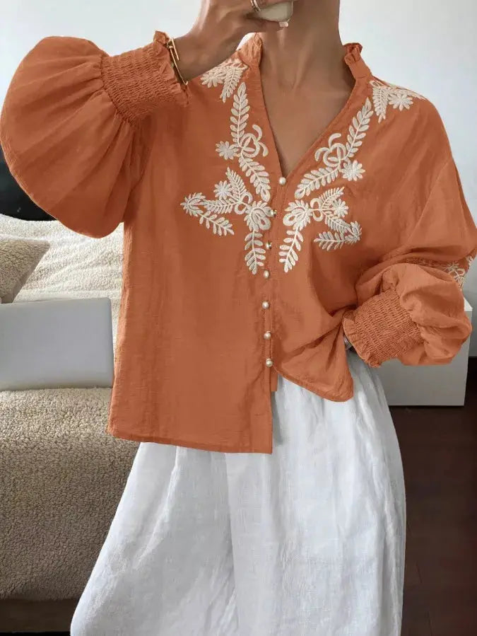 Embroidered Notched Long Sleeve Blouse Simply Love