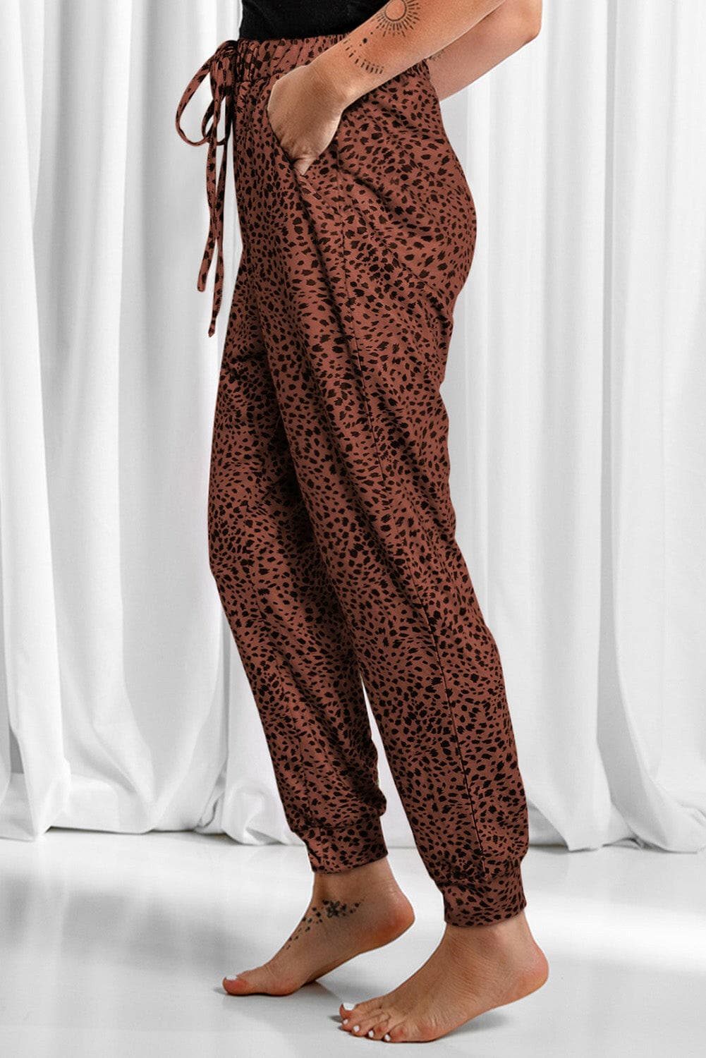 Full Size Leopard Drawstring Pocketed Pants.