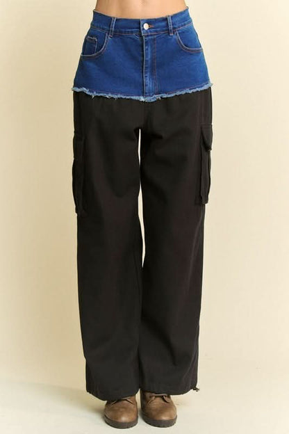 Patchwork Cargo Wide Leg Denim Trousers