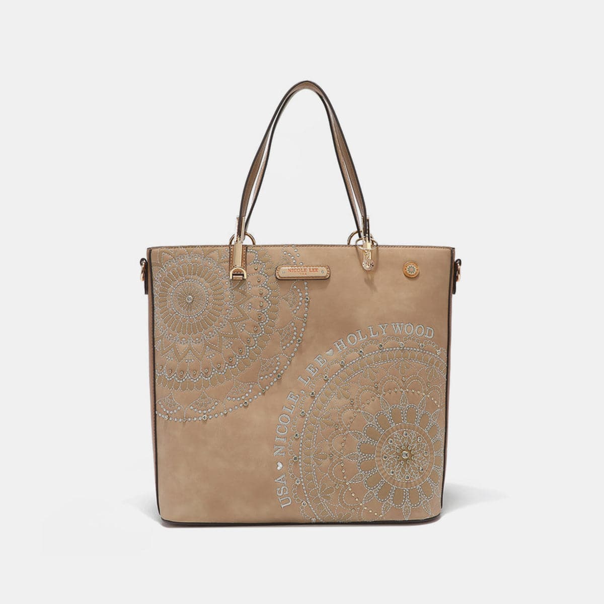 Nicole Lee USA Metallic Stitching Embroidery Inlaid Rhinestone Tote Bag.