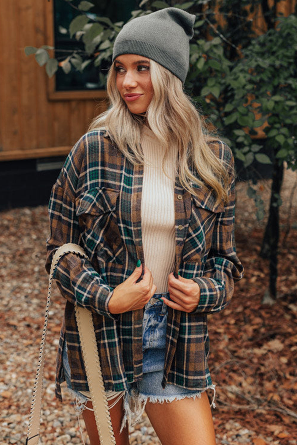 Brown plaid shacket with pockets