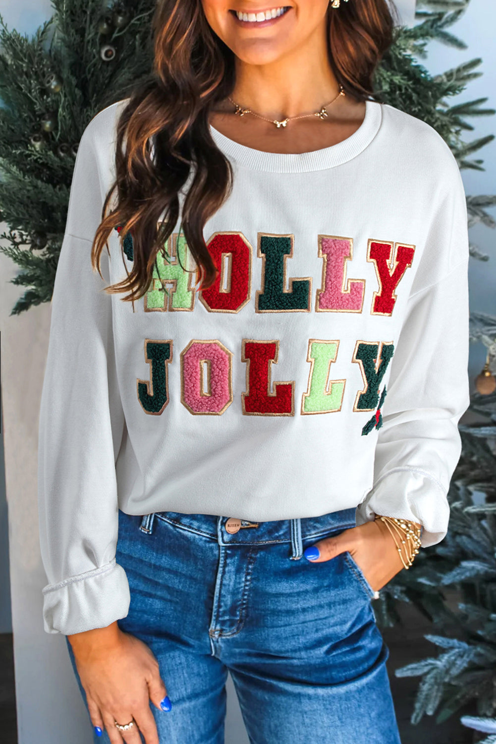 White Holly Jolly Embroidered Graphic Pullover Sweatshirt Dear-Lover Dropshipping