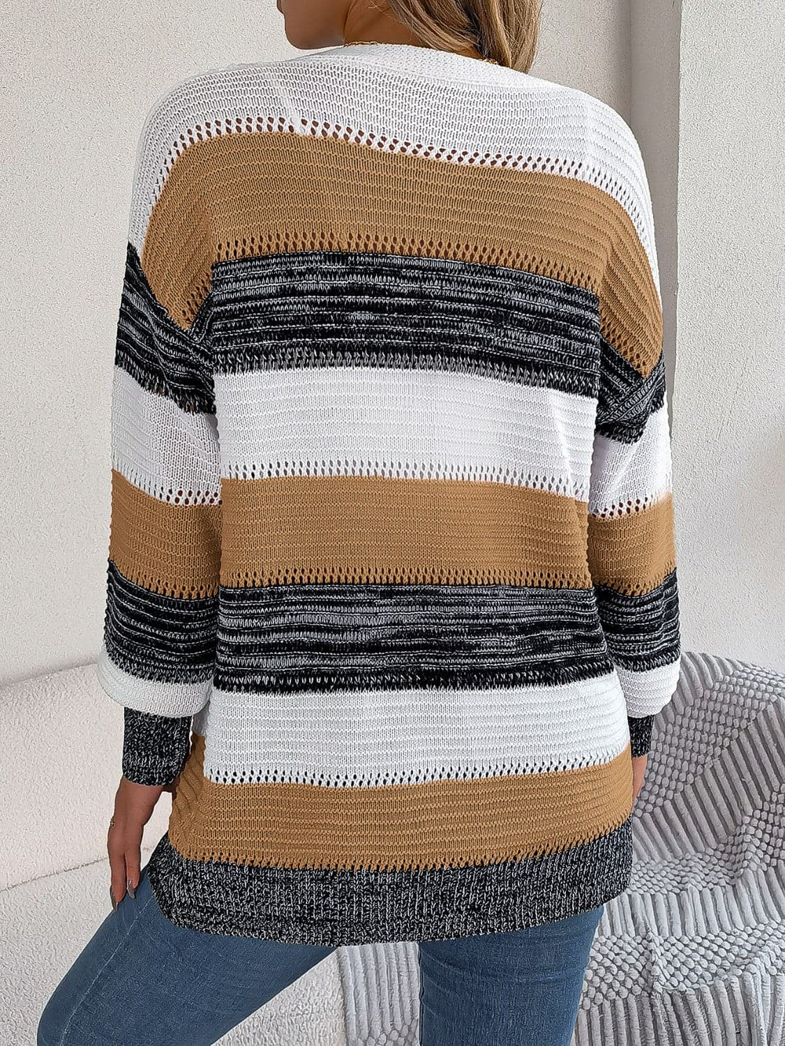 Openwork Striped Open Front Cardigan.