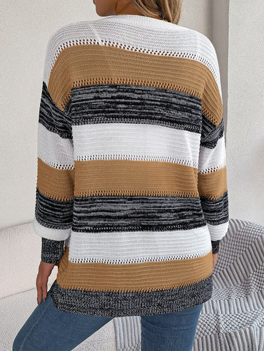 Openwork Striped Open Front Cardigan.