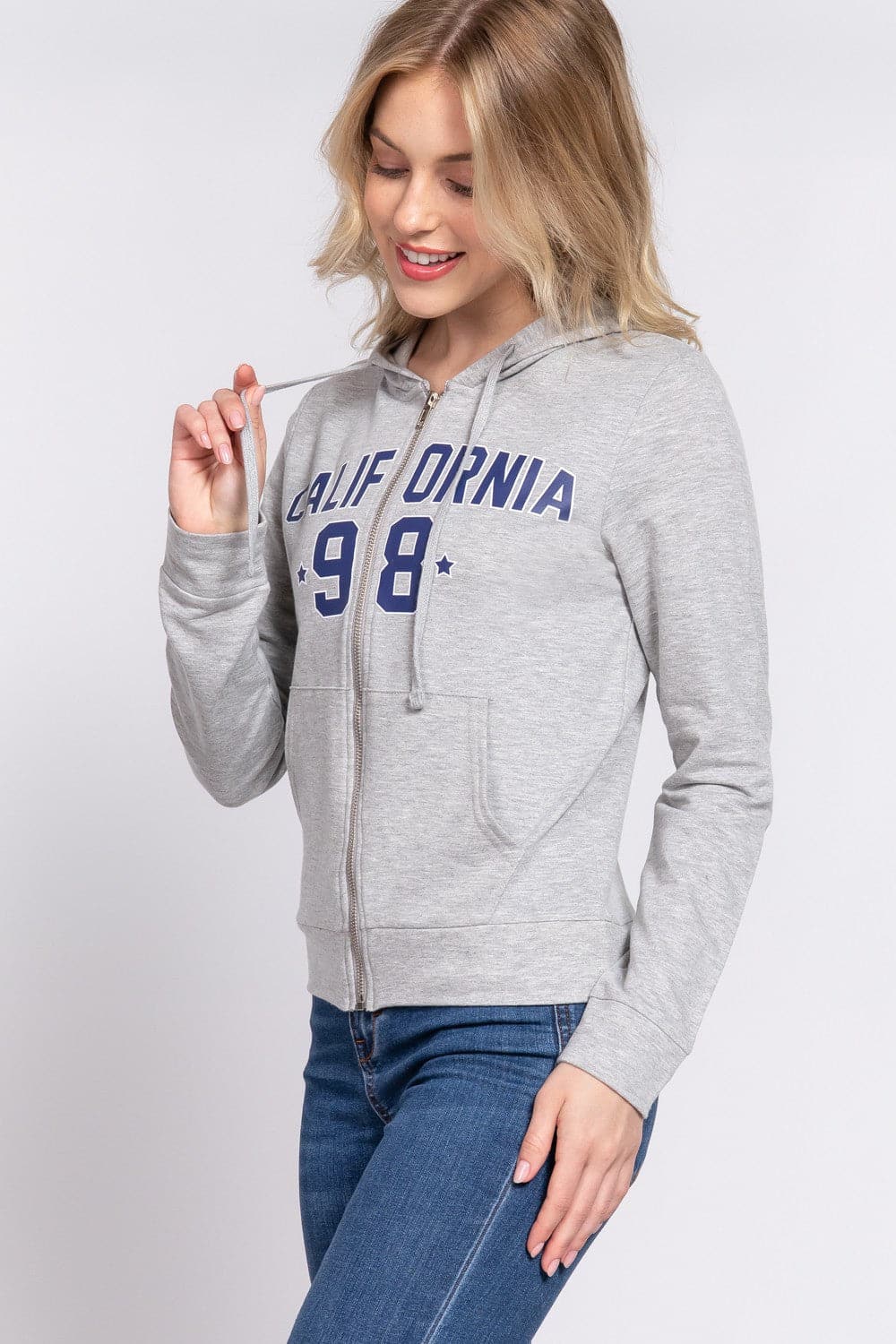 ACTIVE BASIC CALIFORNIA Zip Up Drawstring Long Sleeve Hoodie.