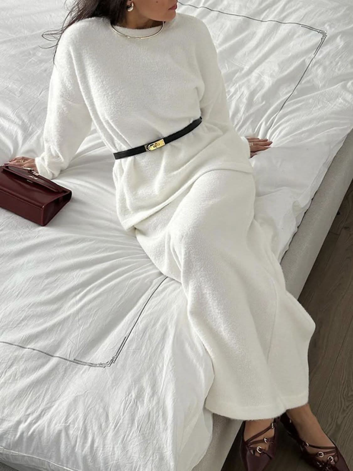 Casual Chic Round Neck Sweater Set with Midi Skirt