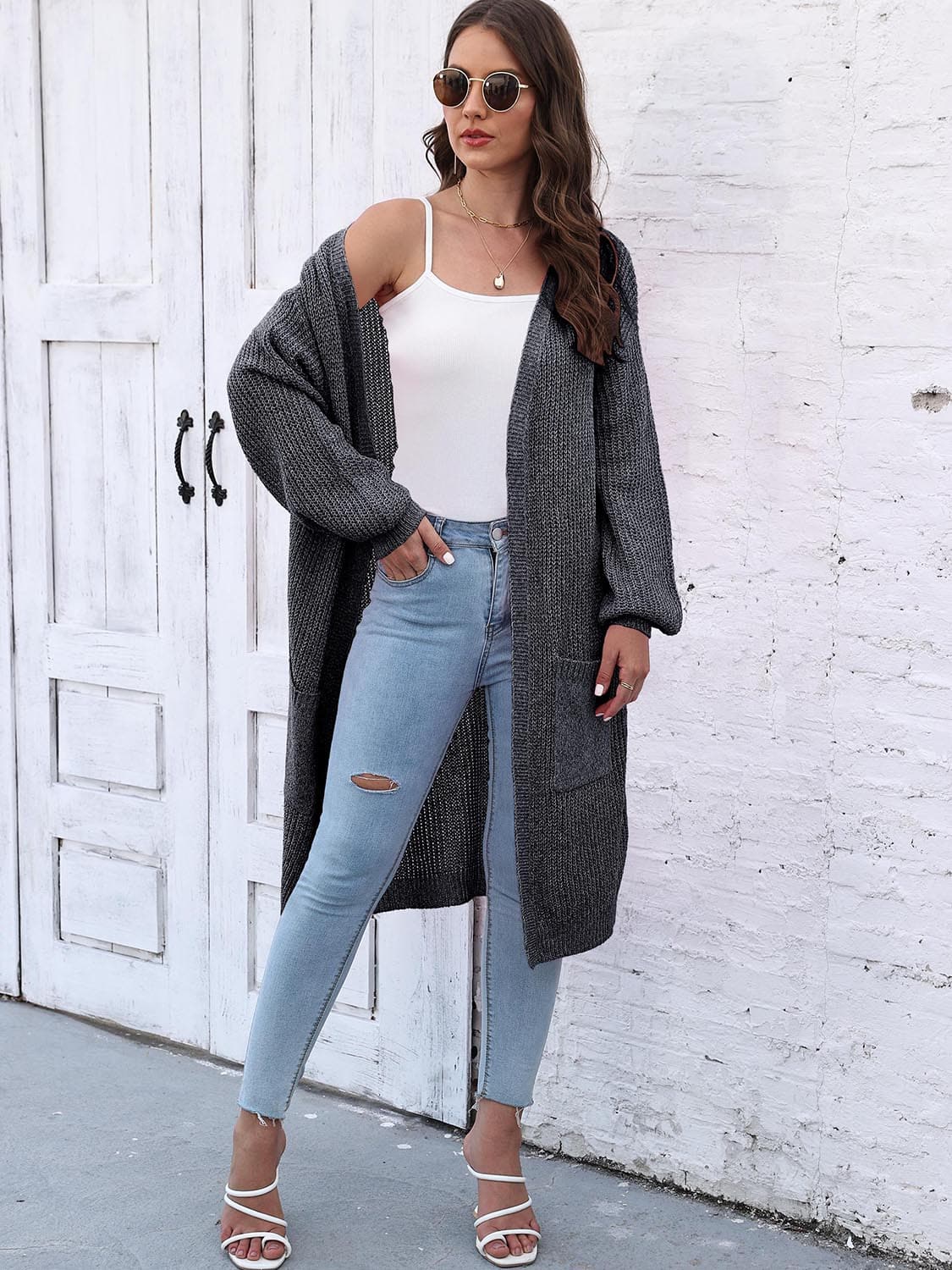 Open Front Longline Cardigan with Pockets.